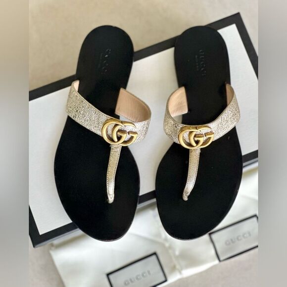 Gucci GG Marmont Sandals Metallic Gold Leather
Thong Flats Flip Flops Size 37 - Picture 2 of 12
